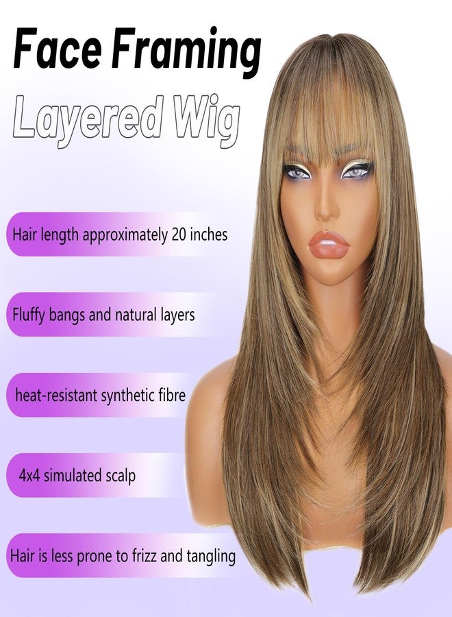 AISI HAIR Brown Highlight Wig with Bangs for Women, Free Parting Middle Length NaturalLayered Straight Wig for Daily Party and Beginner Friendly - Image 2